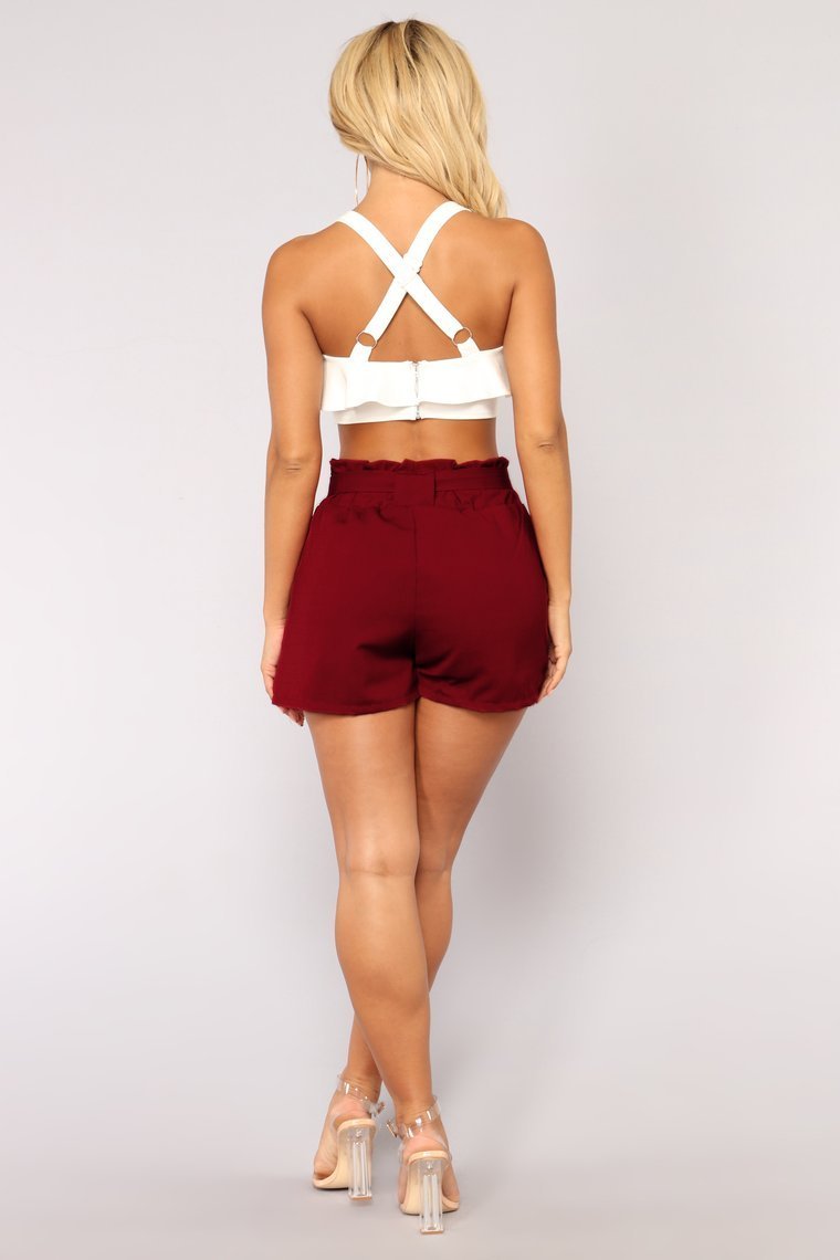 Make You Wonder Tie Waist Shorts-Burgundy