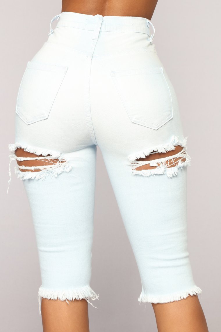 Check You Out Distressed High Rise Shorts - Light Blue Wash