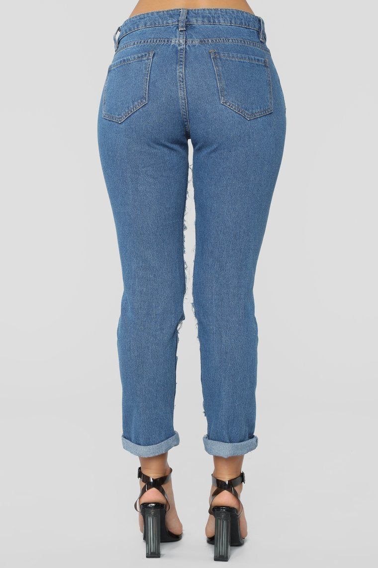 Self Destruct Distressed Boyfriend Jeans - Moyen Blue Wash