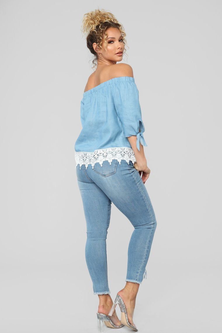 Tell Me More Off Shoulder Top - Denim