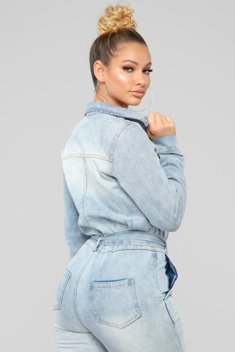 Less Stress Without You Denim Jumpsuit - Light Wash