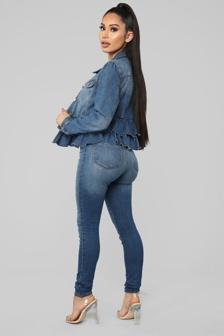 Ruffle Up Denim Jacket - Medium Wash