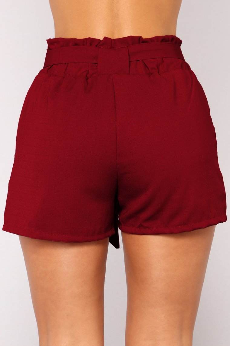 Make You Wonder Tie Waist Shorts - Burgundy