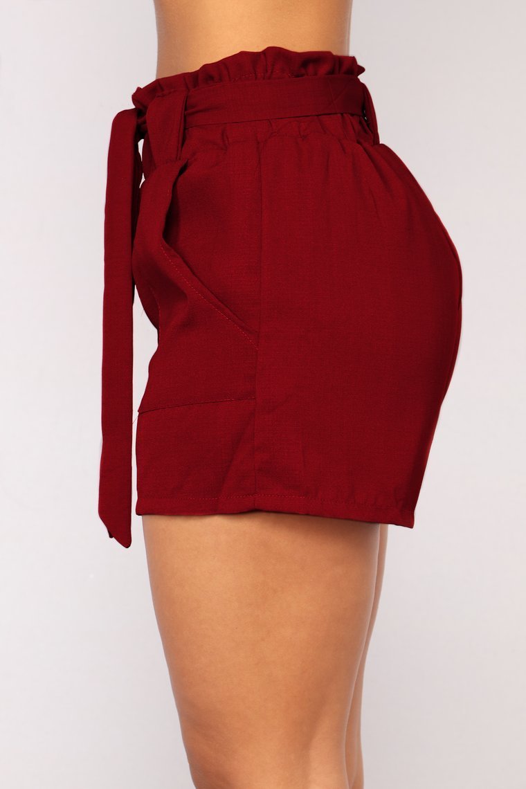Make You Wonder Tie Waist Shorts - Burgundy