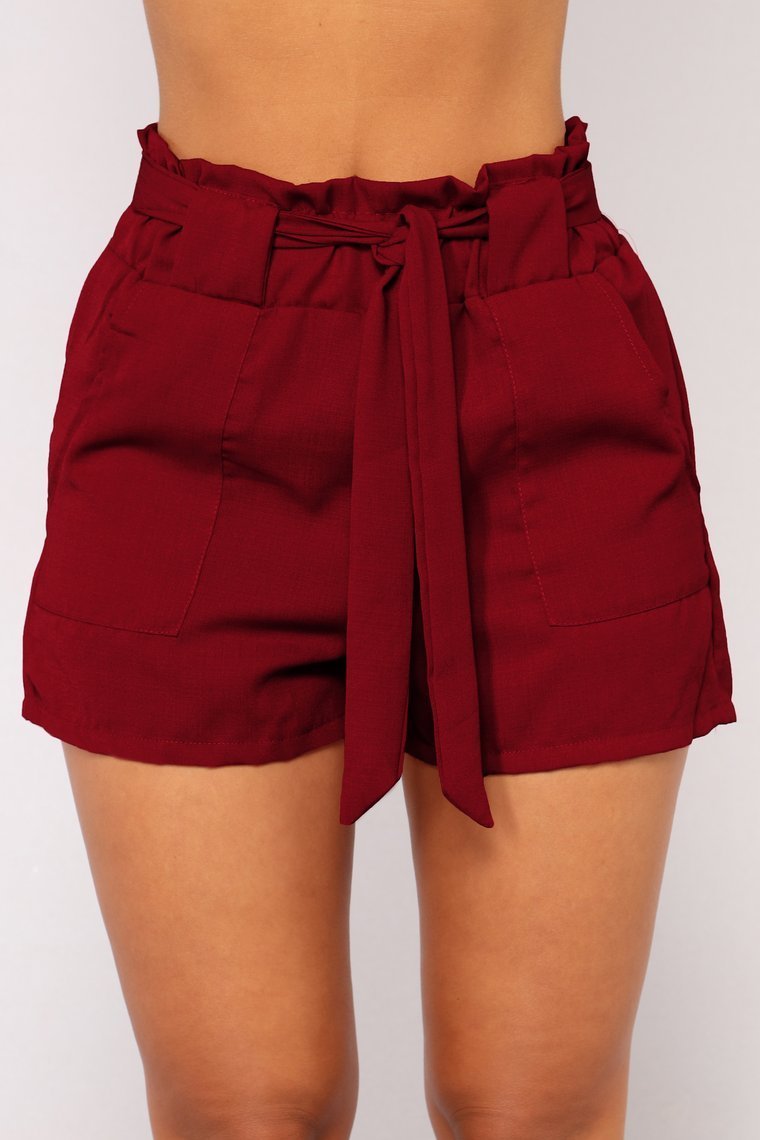 Make You Wonder Tie Waist Shorts - Burgundy