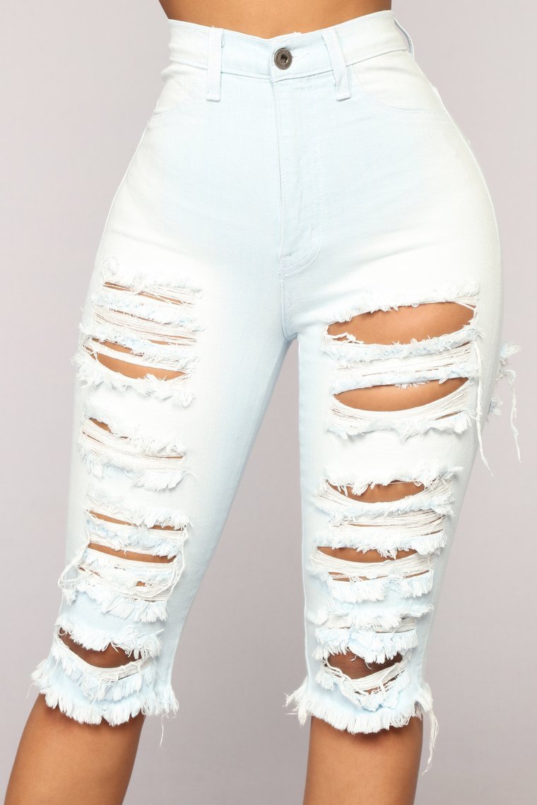 Check You Out Distressed High Rise Shorts - Light Blue Wash