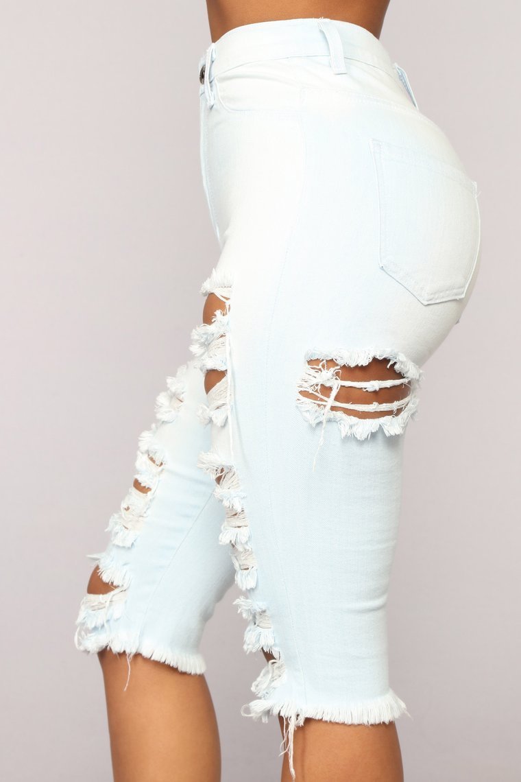 Check You Out Distressed High Rise Shorts - Light Blue Wash