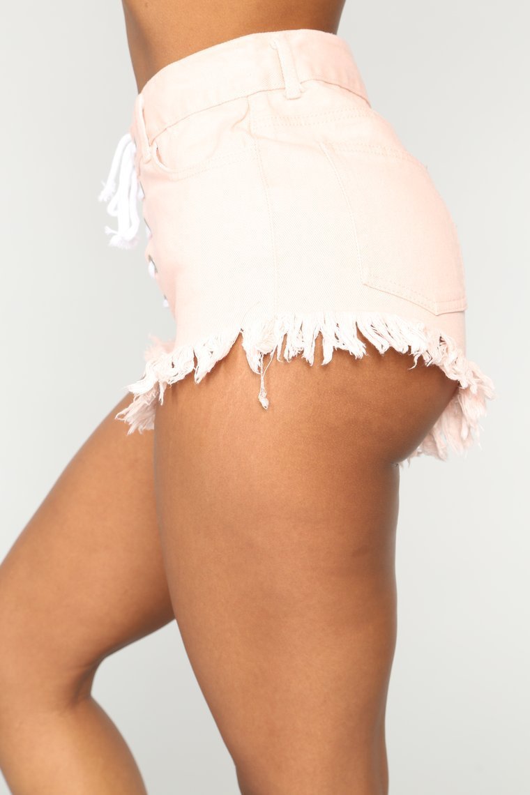 No Limits Lace Up Denim Shorts - Pink