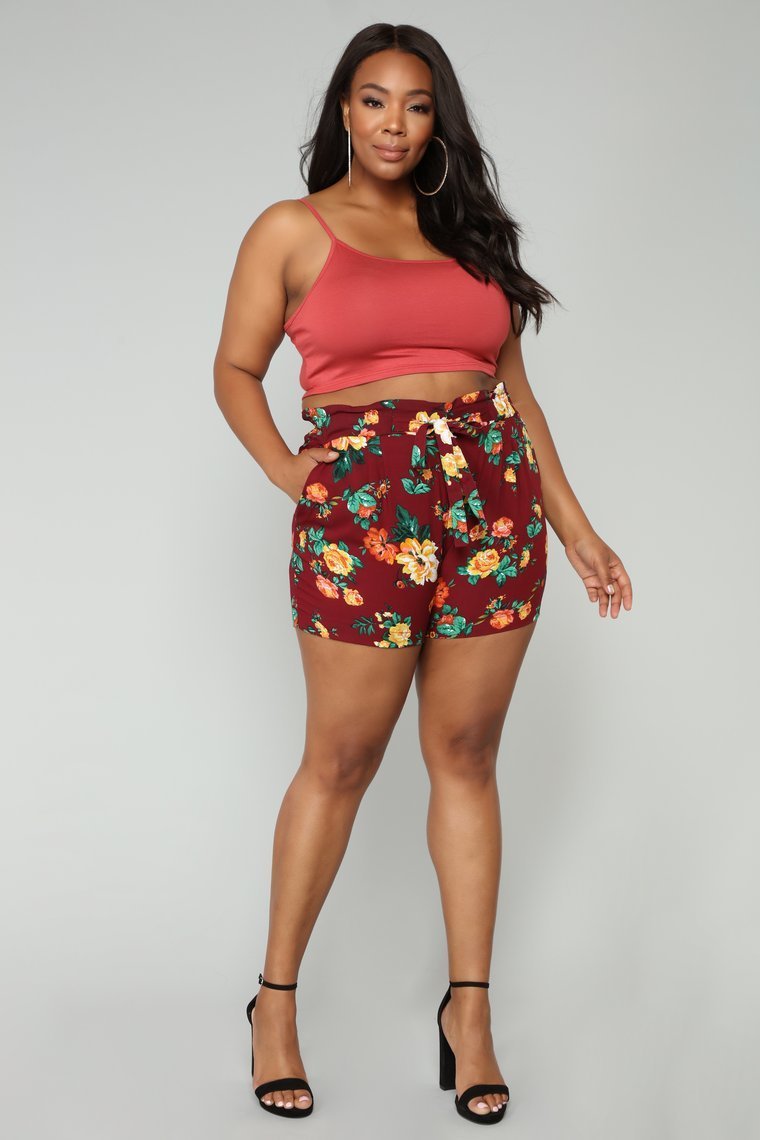 Flower Power Tie Waist Shorts - Burgundy
