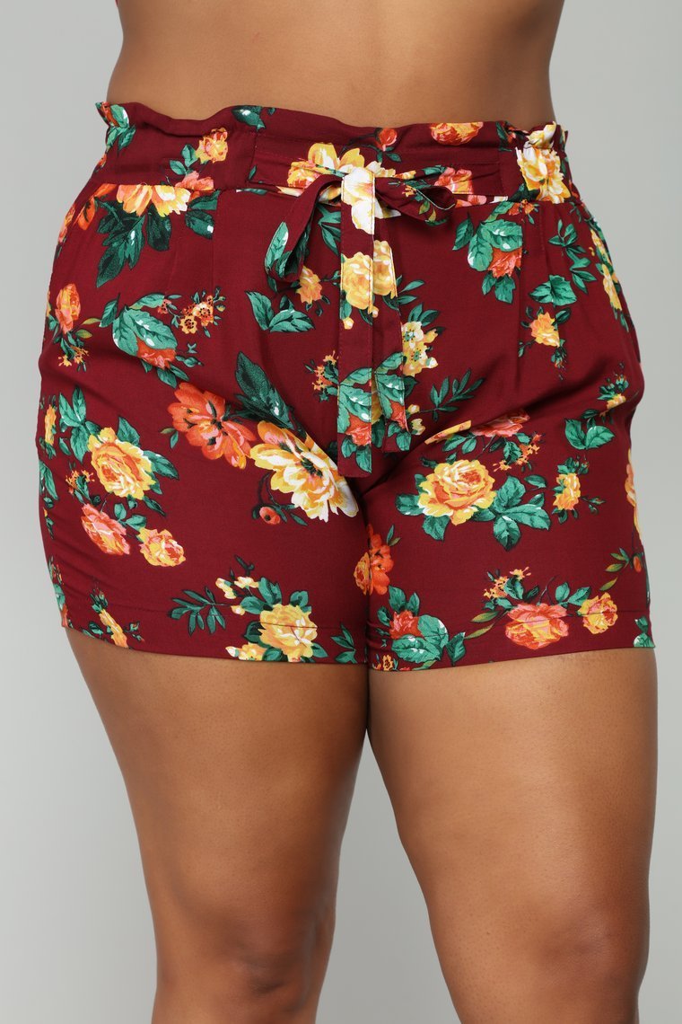 Flower Power Tie Waist Shorts - Burgundy