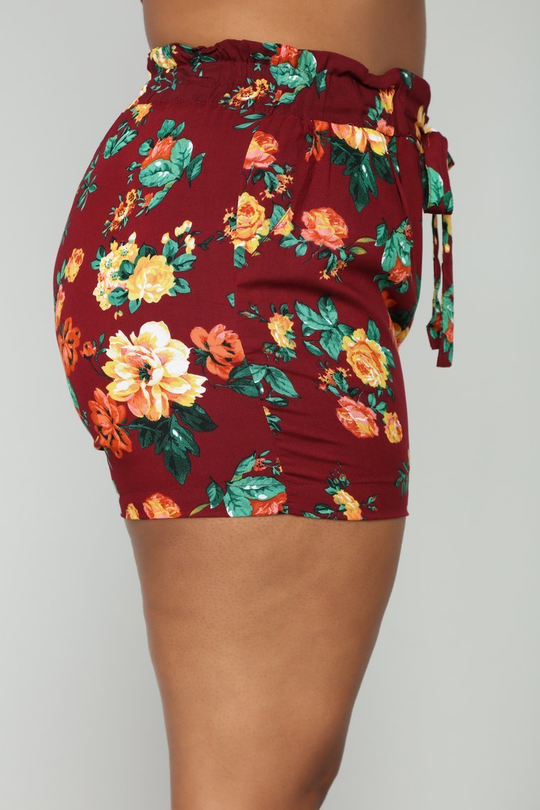 Flower Power Tie Waist Shorts - Burgundy