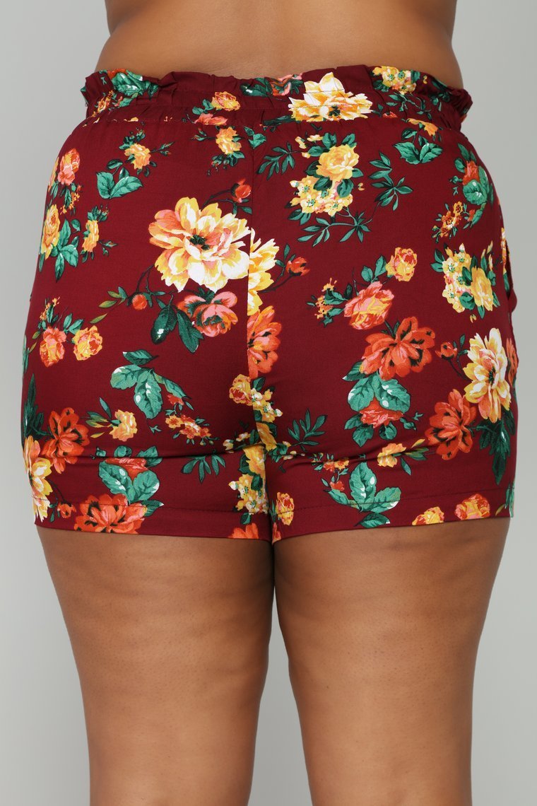 Flower Power Tie Waist Shorts - Burgundy