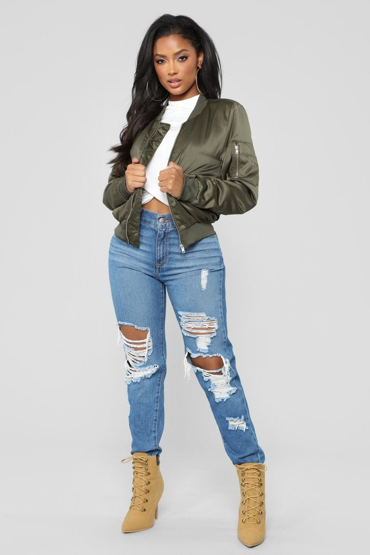 Shay Satin Bomber - Olive
