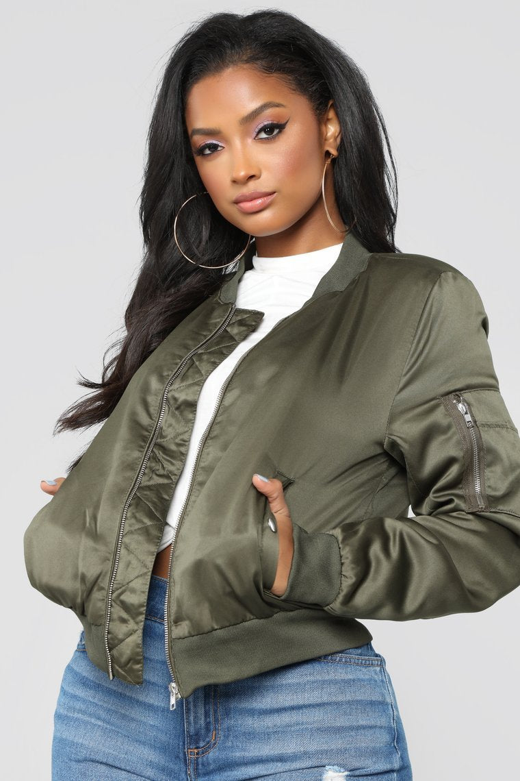 Shay Satin Bomber - Olive