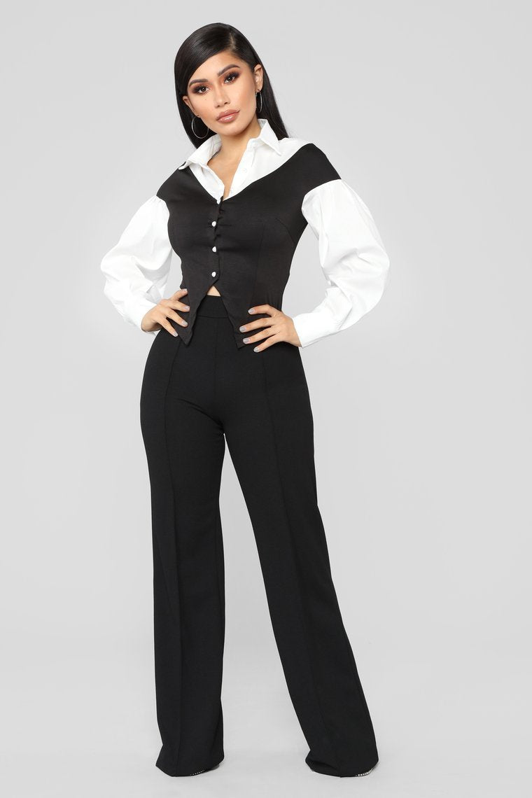 Workin' Bae Pearl Button Top - Black/White