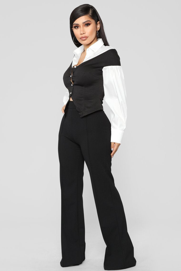 Workin' Bae Pearl Button Top - Black/White