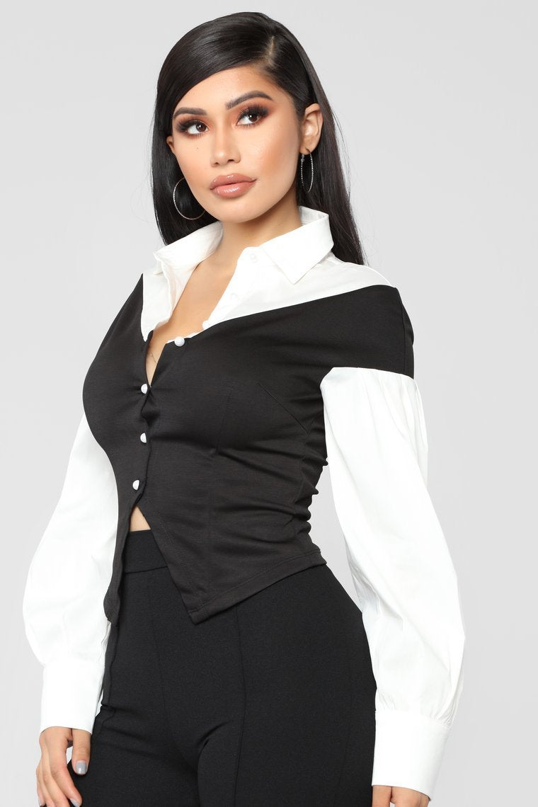 Workin' Bae Pearl Button Top - Black/White