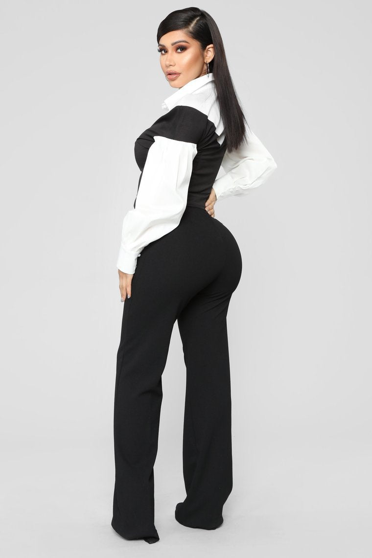 Workin' Bae Pearl Button Top - Black/White