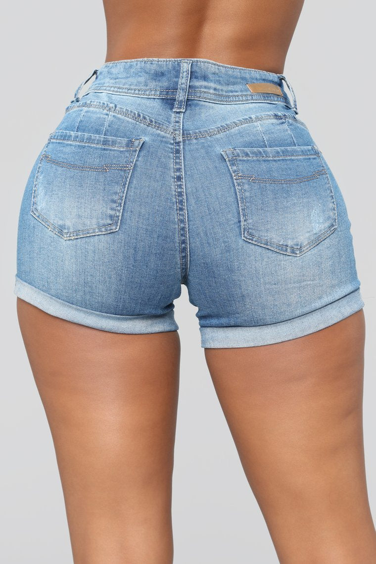 Don't Hesitate Distressed Shorts - Medium Blue Wash