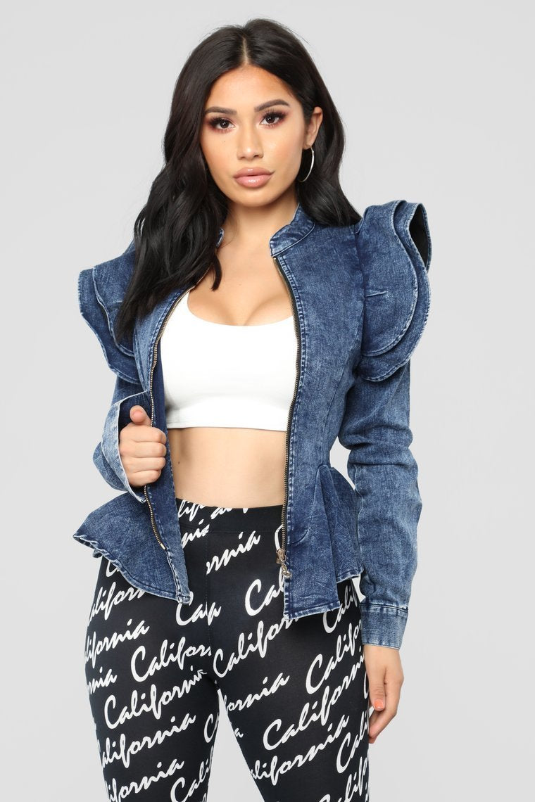 Denim Queen Peplum Jacket - Medium Blue Wash
