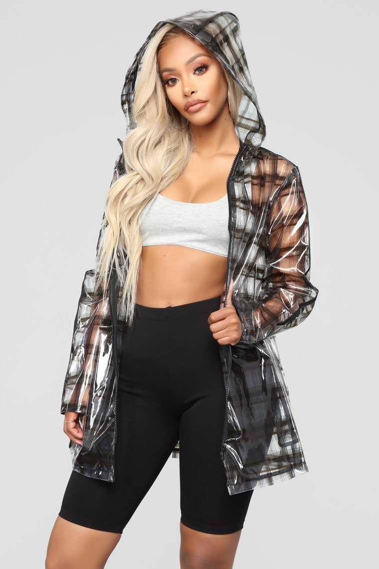 Transparent Plaid Hooded Jacket - Black/Combo