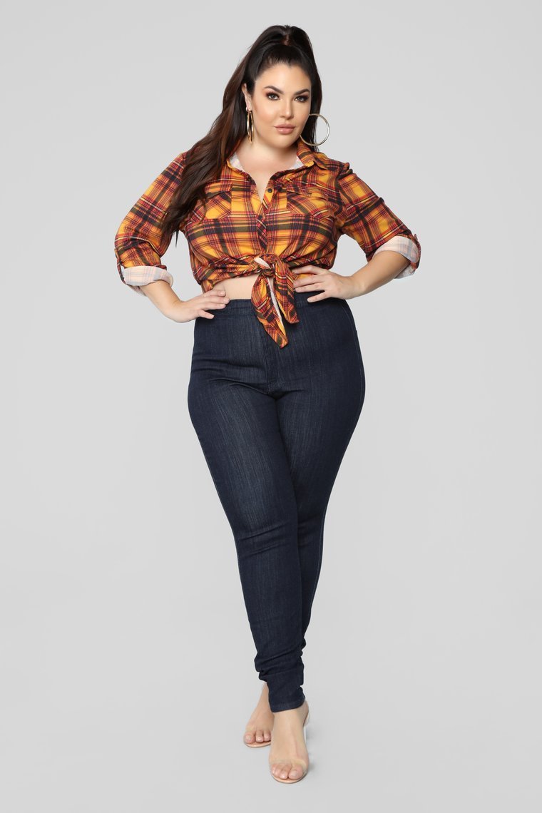 Lounge Lover Front Knot Plaid Top - Mustard/Combo