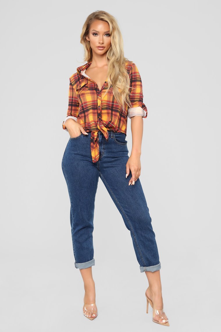 Lounge Lover Front Knot Plaid Top - Mustard/Combo