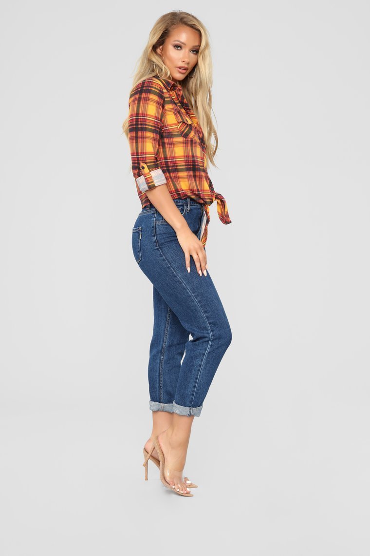Lounge Lover Front Knot Plaid Top - Mustard/Combo
