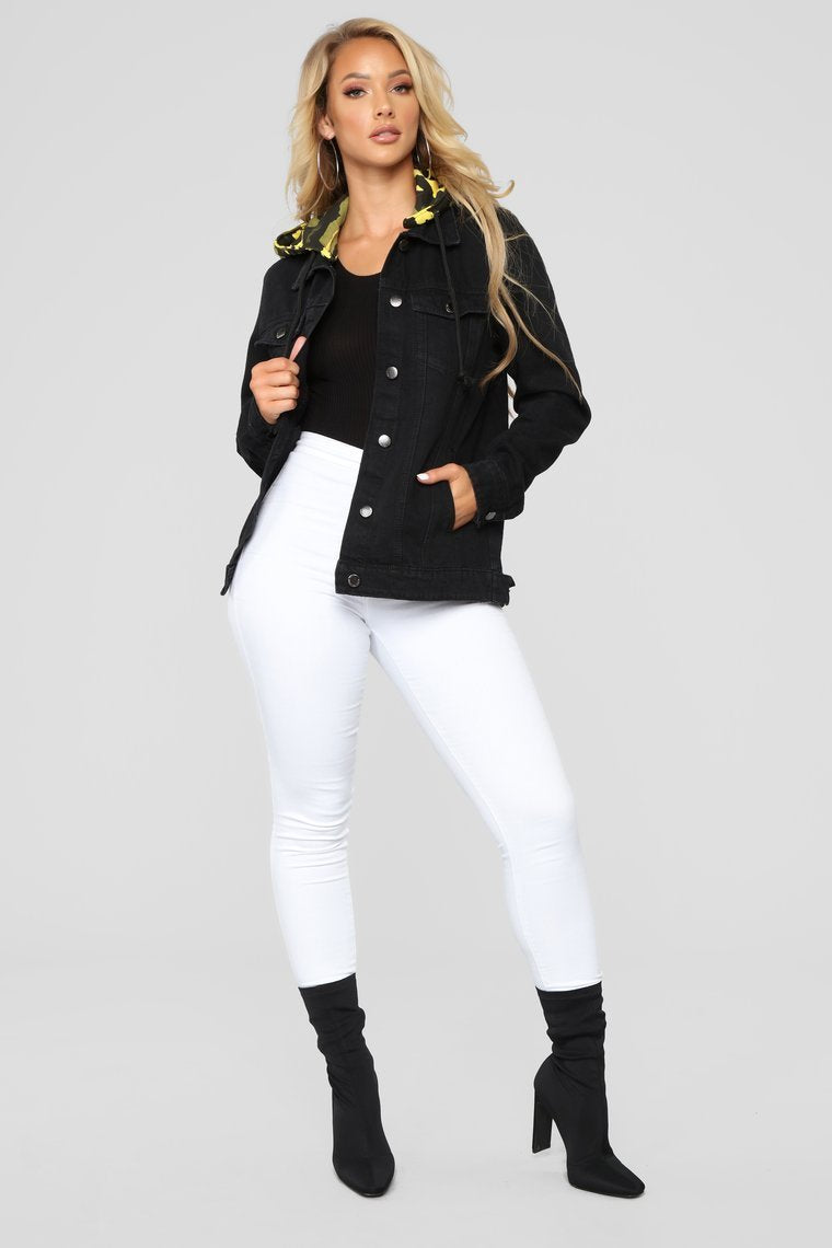 Camo Around Hooded Denim Jacket - Black/Yellow Camo