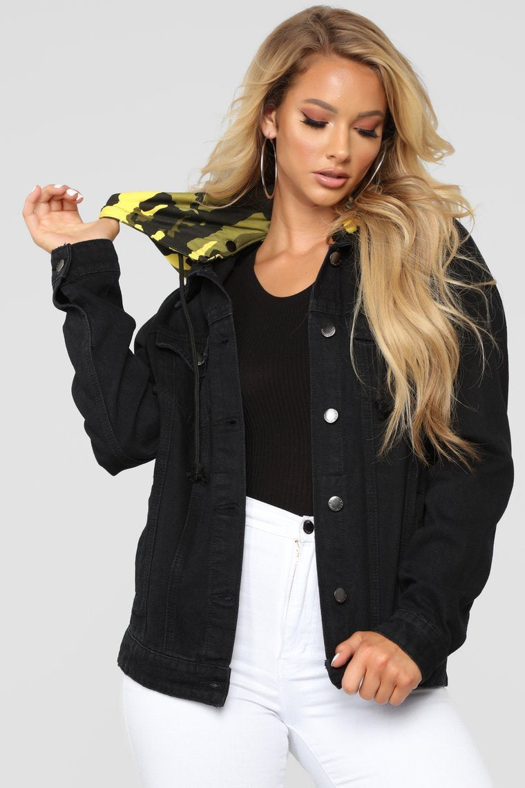 Camo Around Hooded Denim Jacket - Black/Yellow Camo