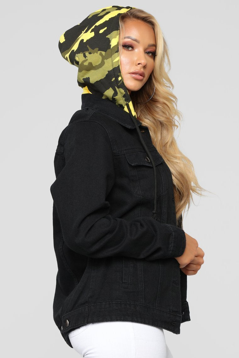 Camo Around Hooded Denim Jacket - Black/Yellow Camo