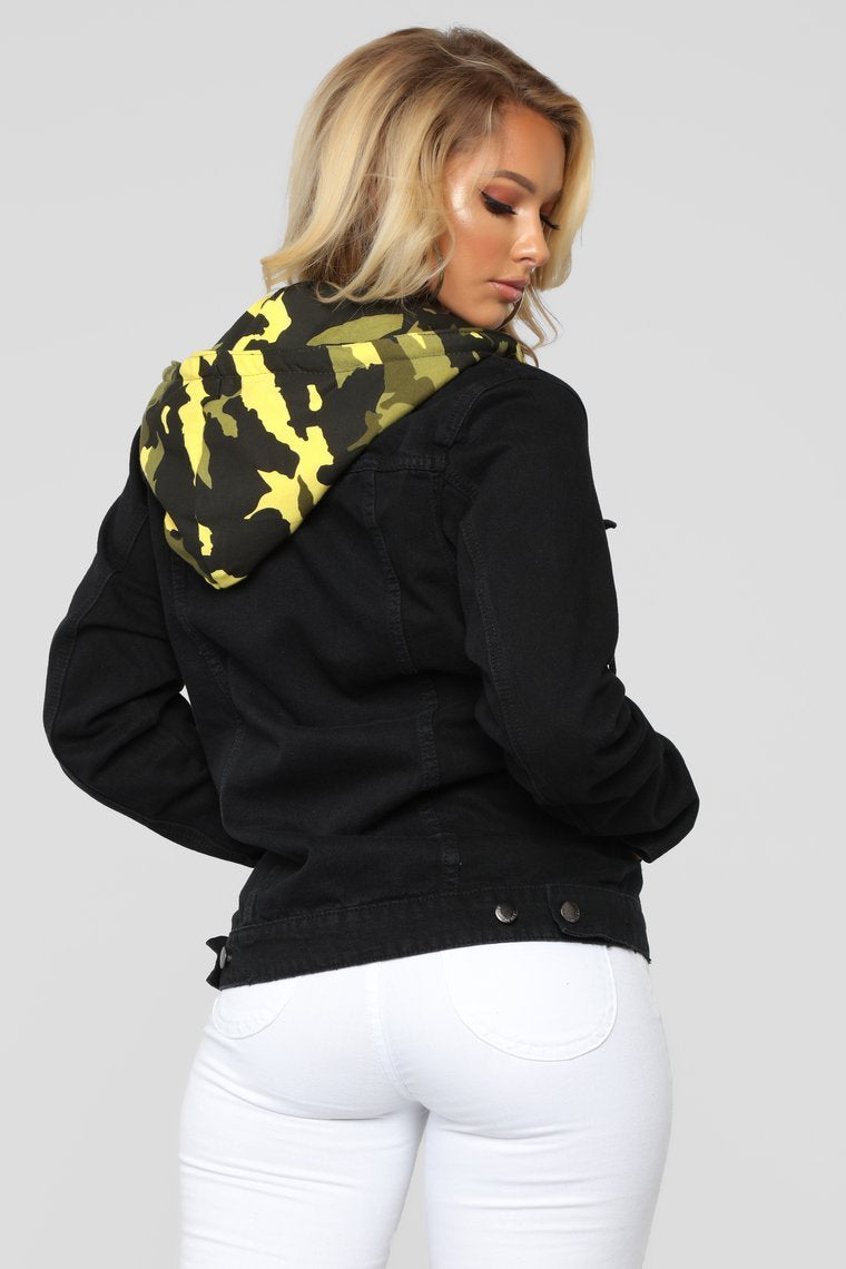 Camo Around Hooded Denim Jacket - Black/Yellow Camo