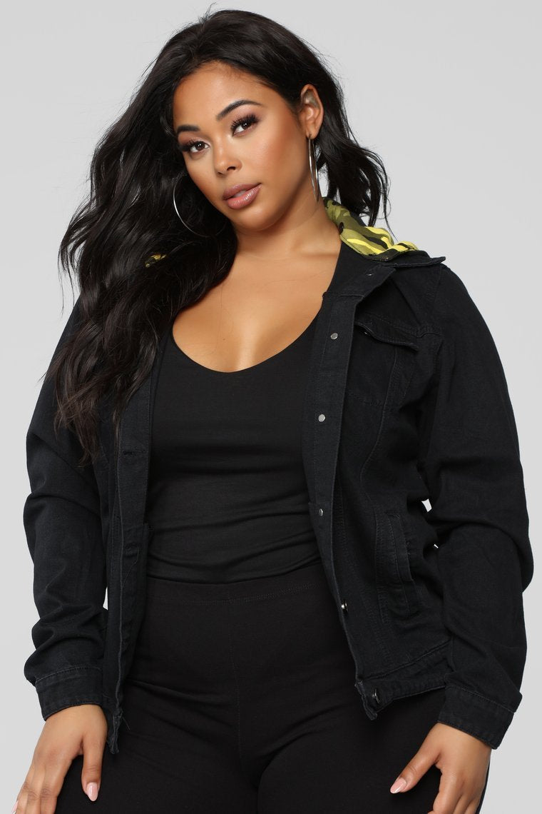 Camo Around Hooded Denim Jacket - Black/Yellow Camo