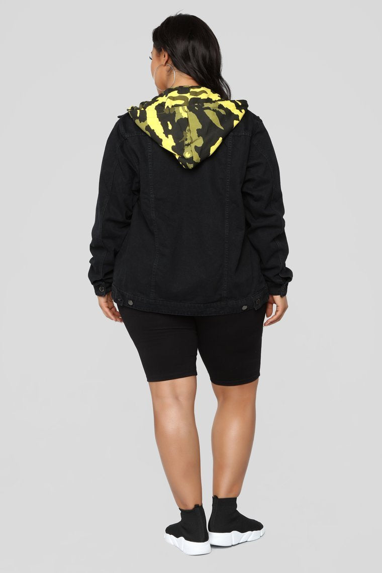 Camo Around Hooded Denim Jacket - Black/Yellow Camo