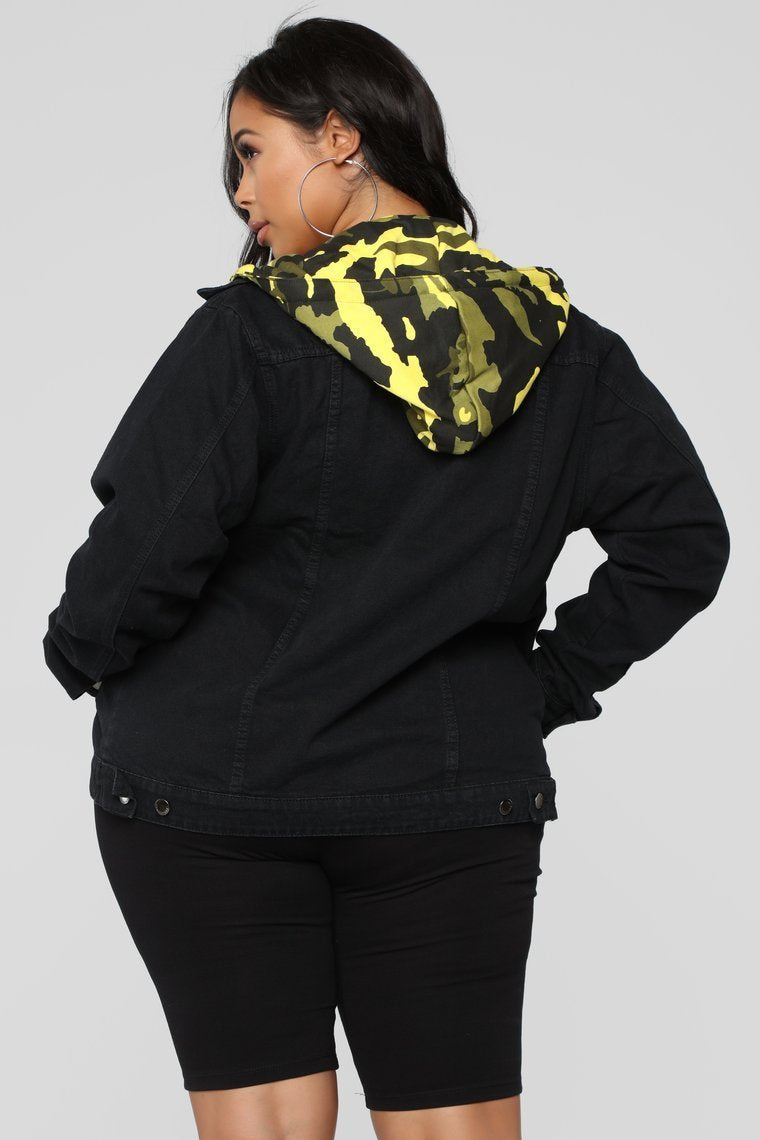 Camo Around Hooded Denim Jacket - Black/Yellow Camo