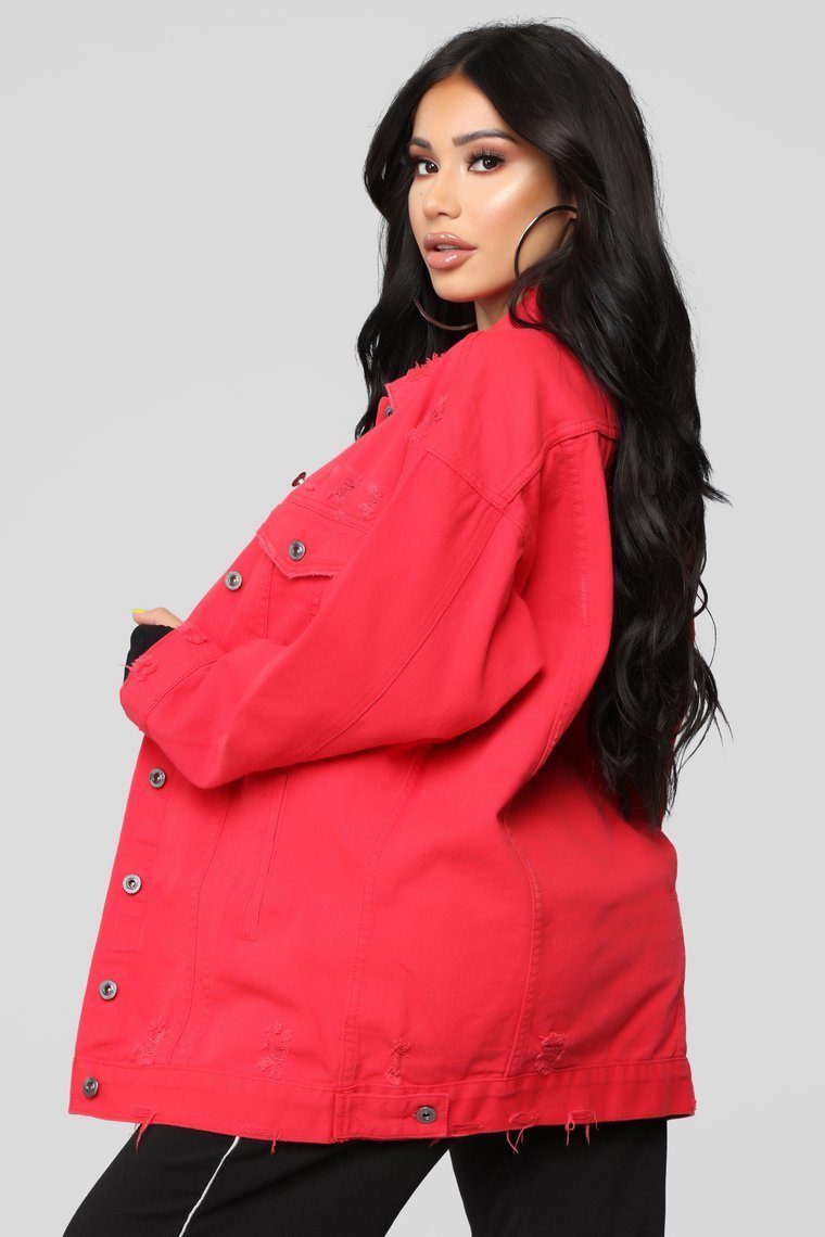 Miss Stressed Denim Jacket - Red Denim