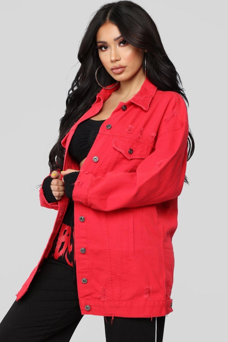 Miss Stressed Denim Jacket - Red Denim