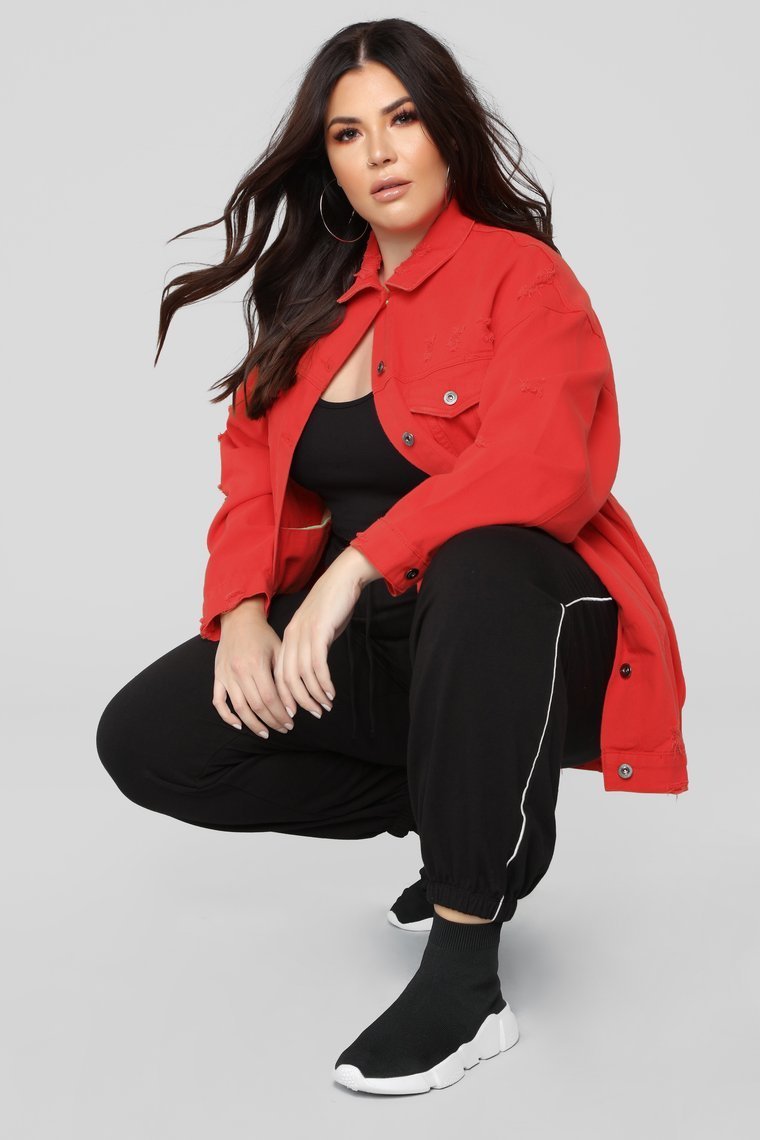 Miss Stressed Denim Jacket - Red Denim