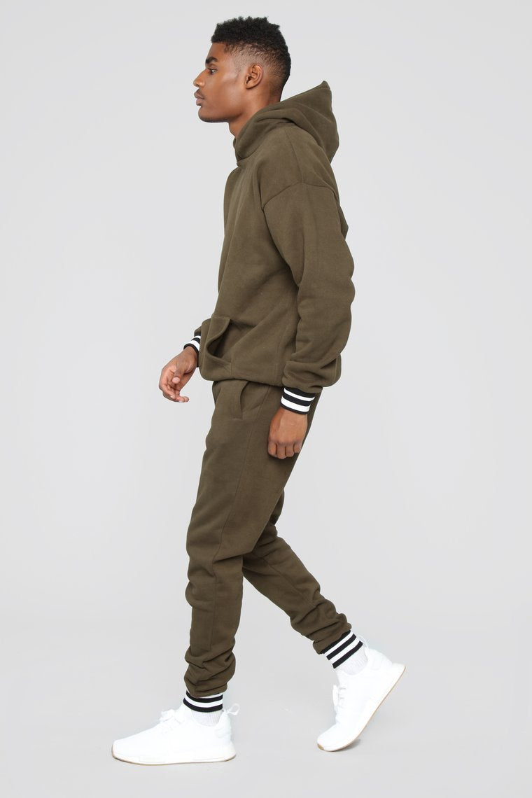 Striped Hem Hoodie - Olive