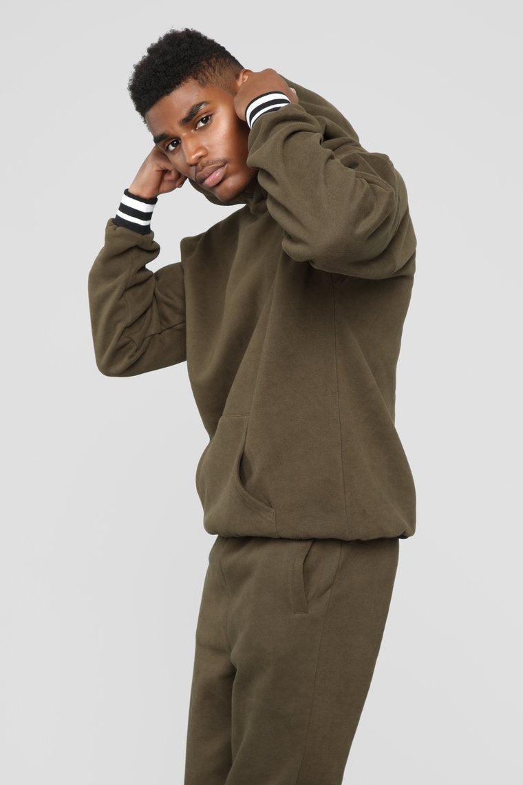 Striped Hem Hoodie - Olive