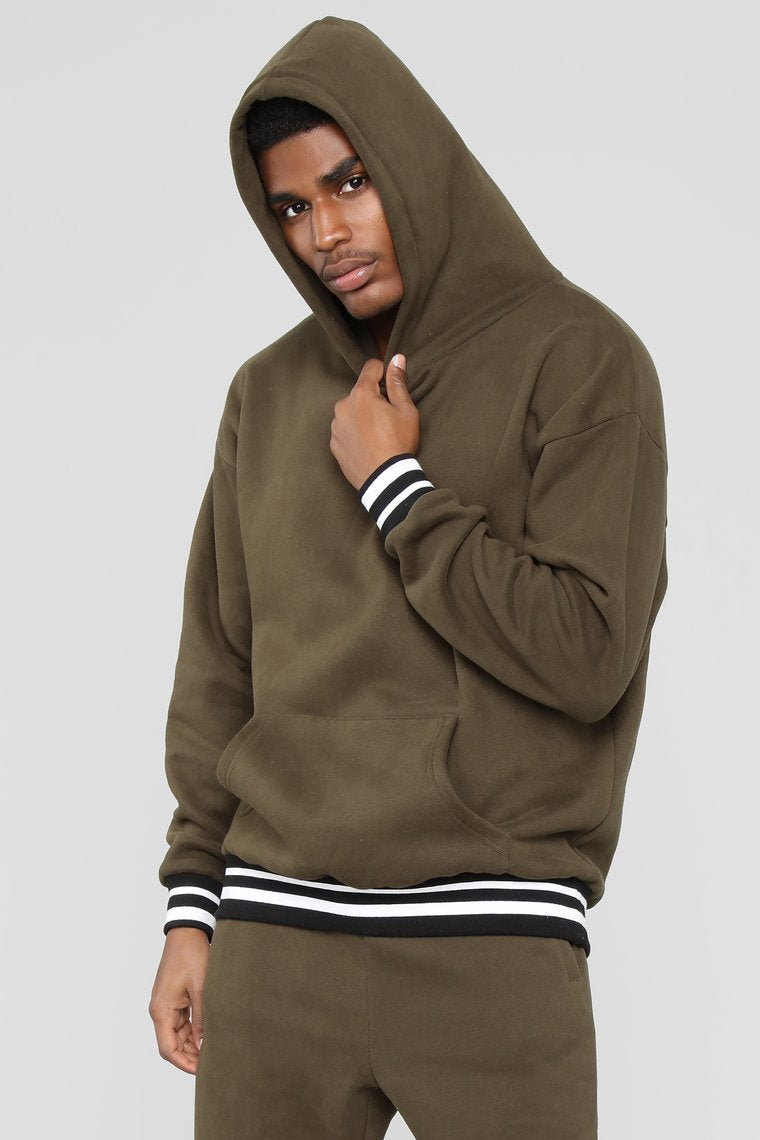 Striped Hem Hoodie - Olive