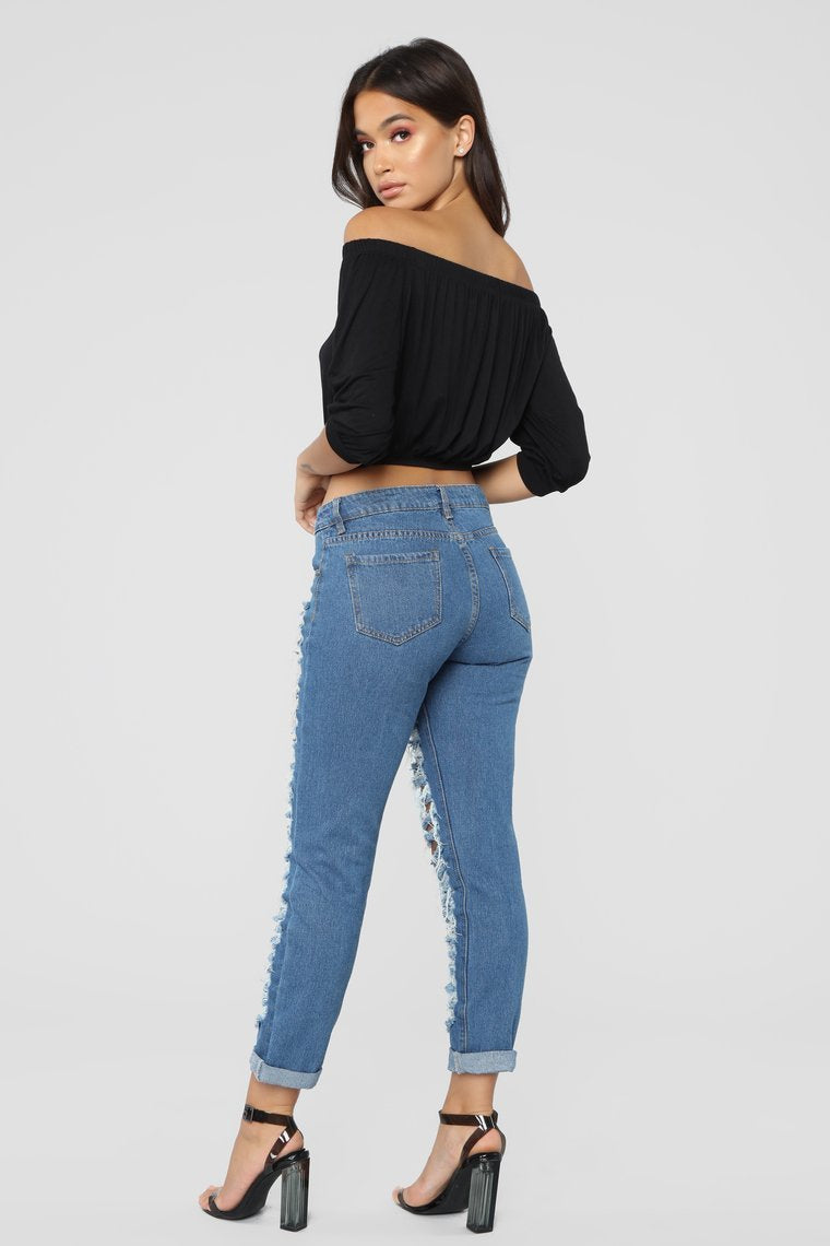 Self Destruct Distressed Boyfriend Jeans - Moyen Blue Wash
