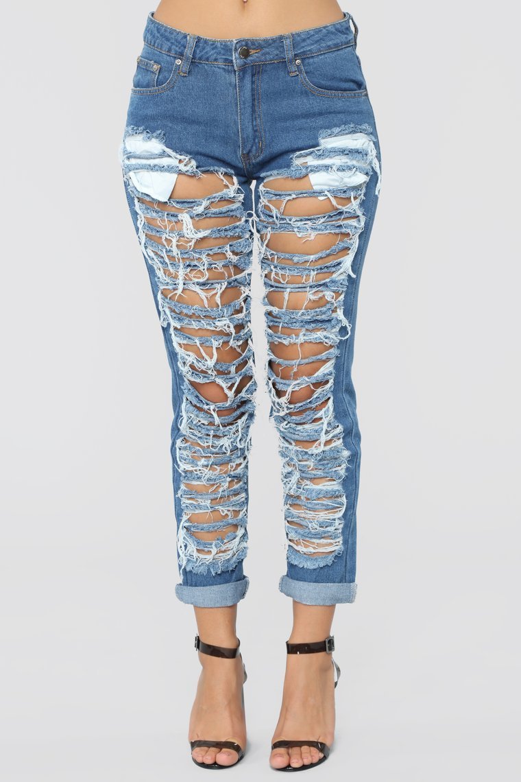 Self Destruct Distressed Boyfriend Jeans - Moyen Blue Wash