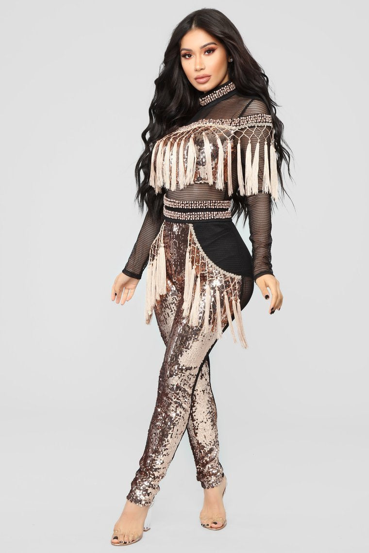 Popularity Fringe Sequin Jumpsuit - Black/Rose Gold