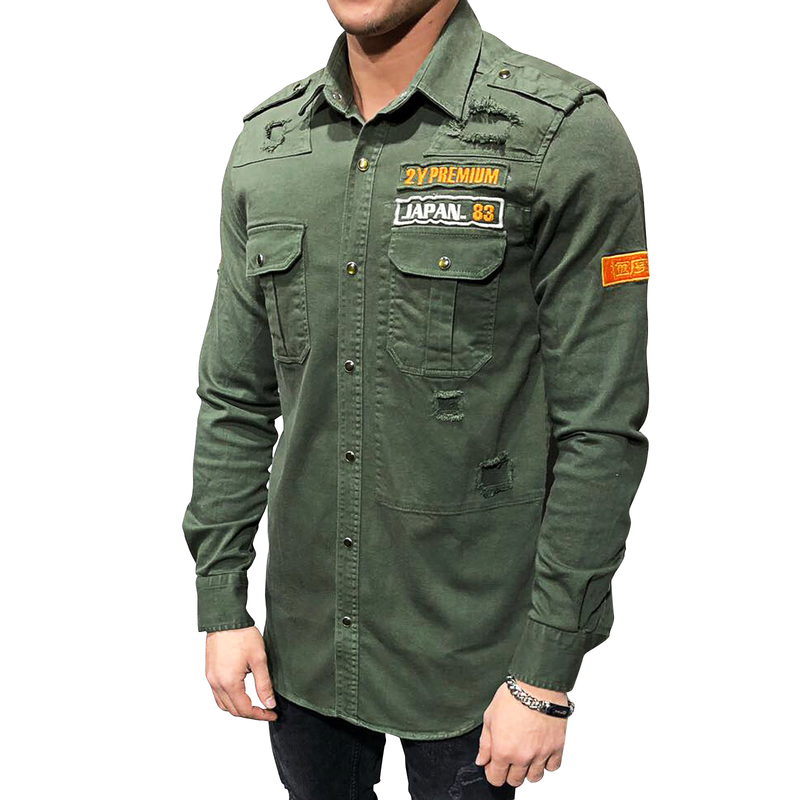 MILITARY RIPPED DENIM CARGO SHIRT 3673