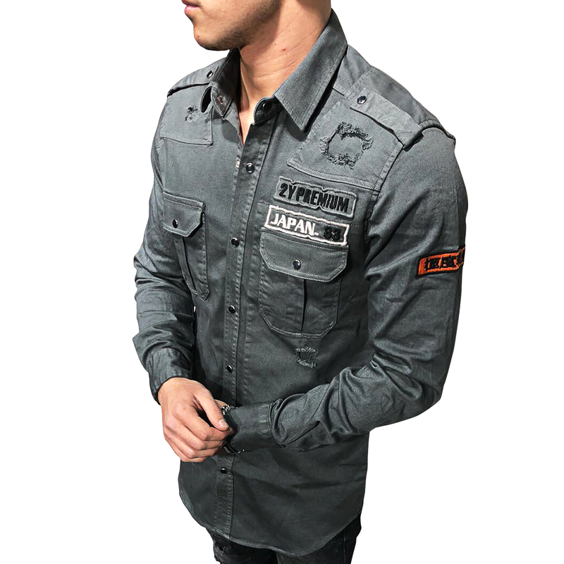 MILITARY RIPPED DENIM CARGO SHIRT 3673