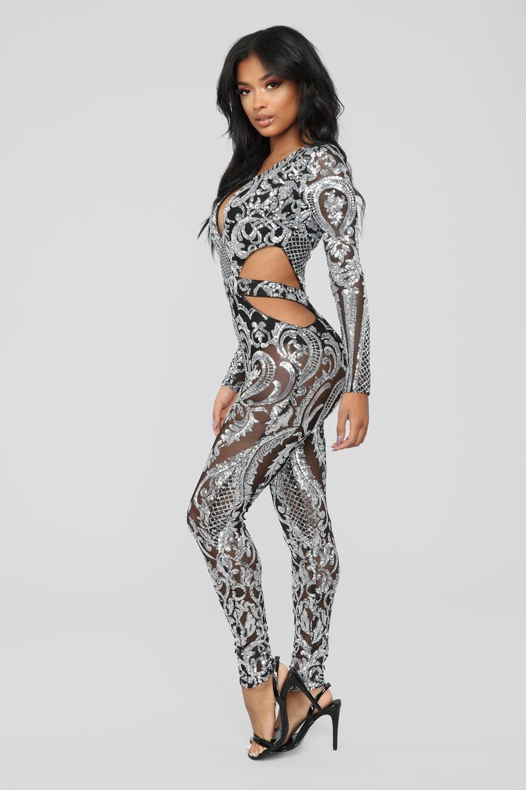 Show Stunna Sequin Jumpsuit - Black/Silver