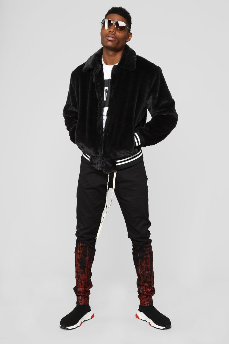 Joe Fur Varsity Jacket - Black