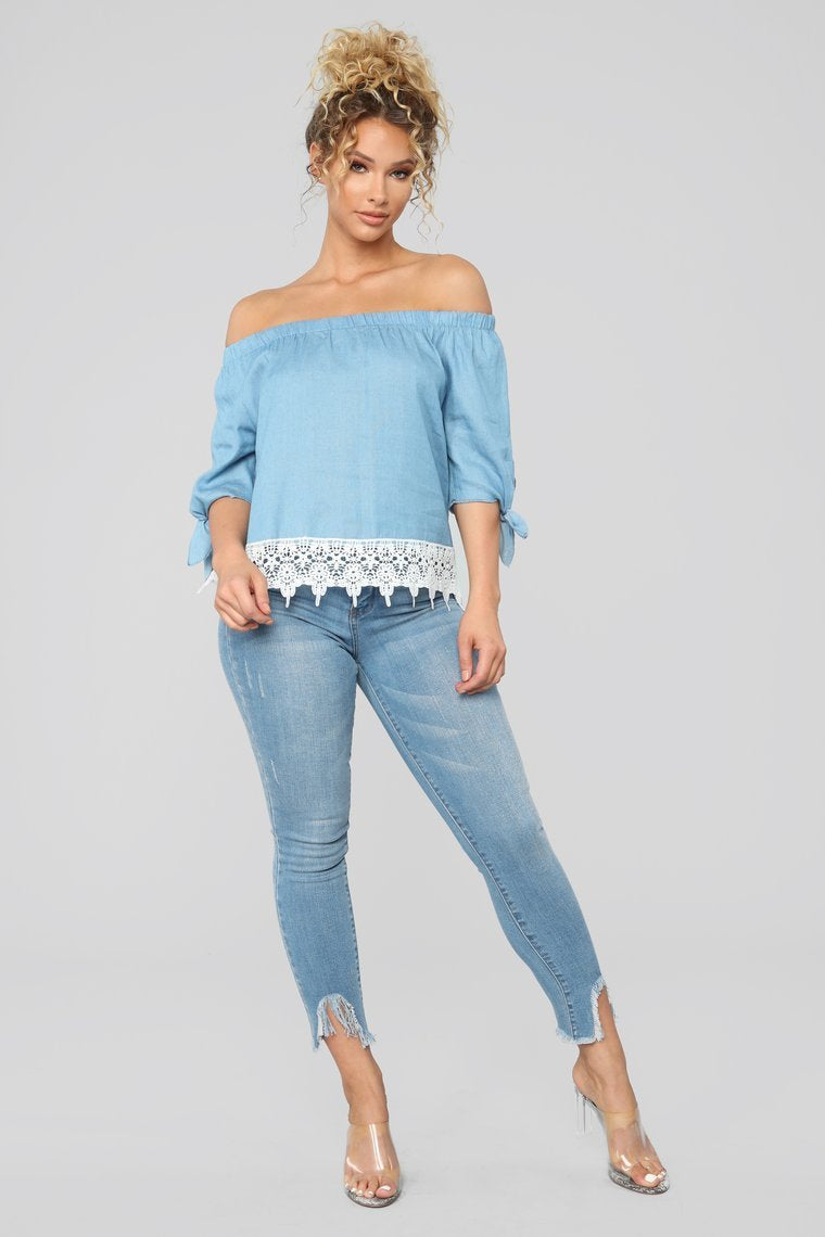 Tell Me More Off Shoulder Top - Denim