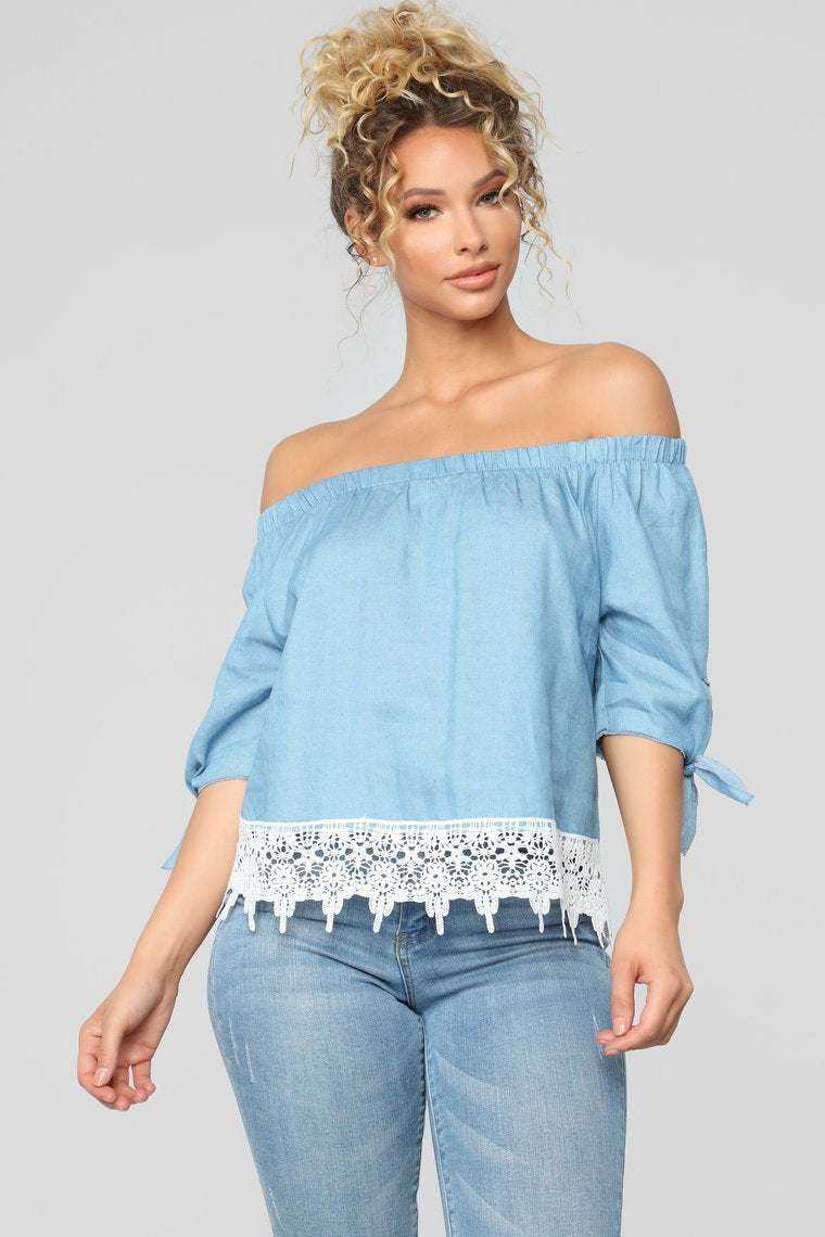 Tell Me More Off Shoulder Top - Denim